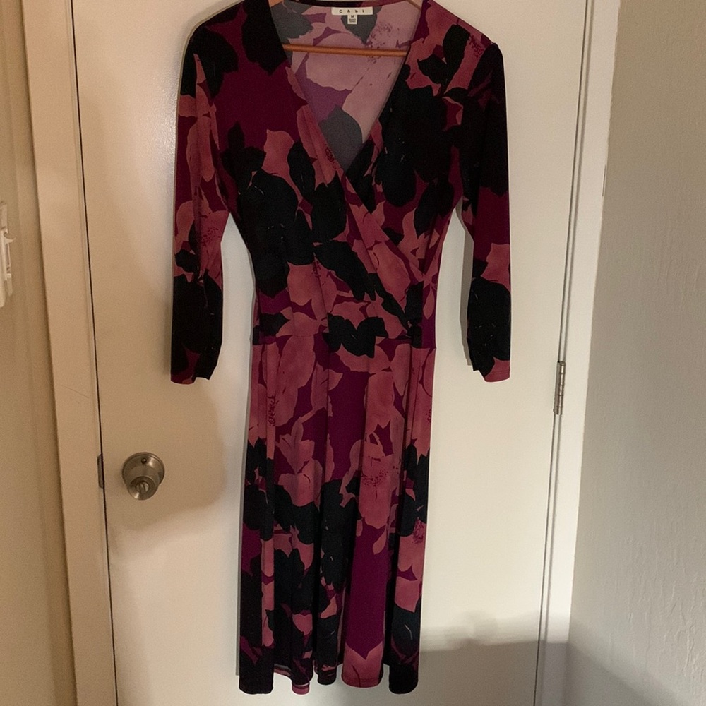 CAbi Shadow Floral Purple Faux Wrap Dress Size M, perfect condition!